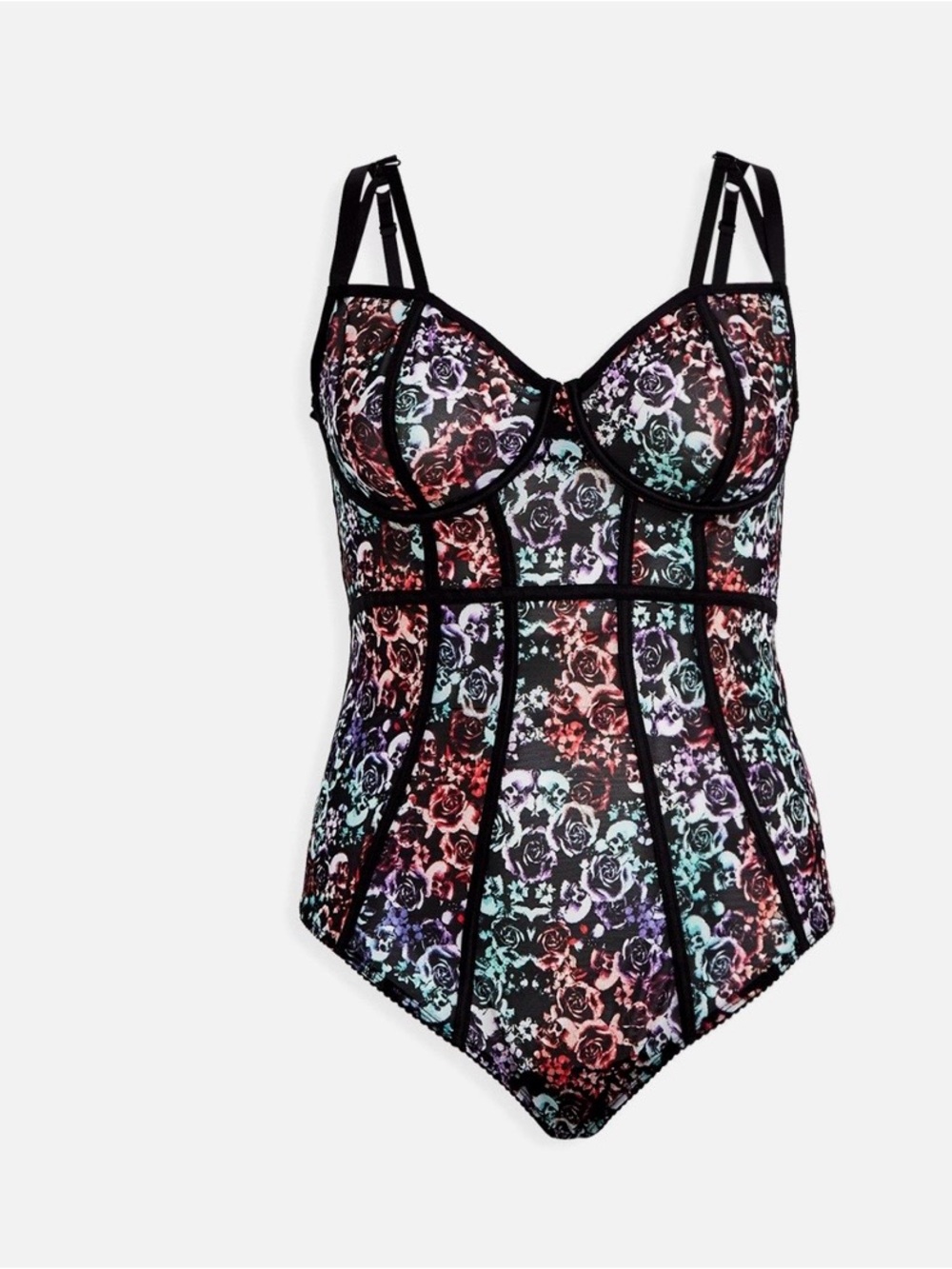 torrid NWT Black Floral & Skull Longline Underwire Bodysuit - Picture 11 of 12